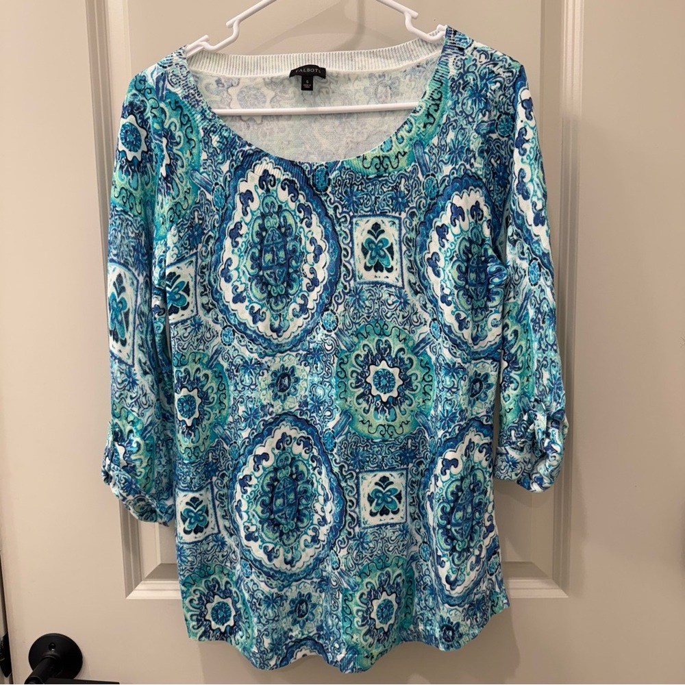 Talbots S Paisley Print Top Blue Aqua 3/4 Sleeve Cotton Stretch Preppy Career